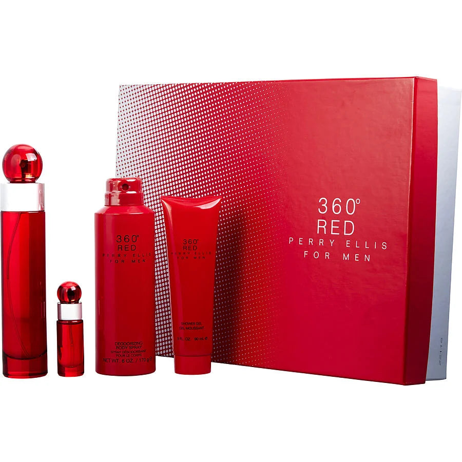 Perry Ellis 360 Red by Perry Ellis Gift Set - 3.4 oz Eau De Toilette Spray + .25 oz Mini EDT Spray + 3 oz Shower Gel in Tube Box for Men