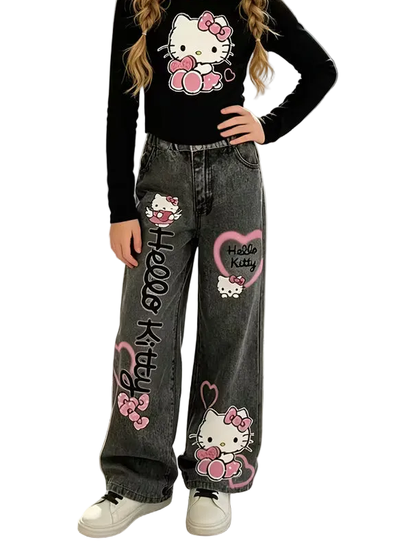 Hello Kitty Imitation Denim Straight Pants Two-Piece Set