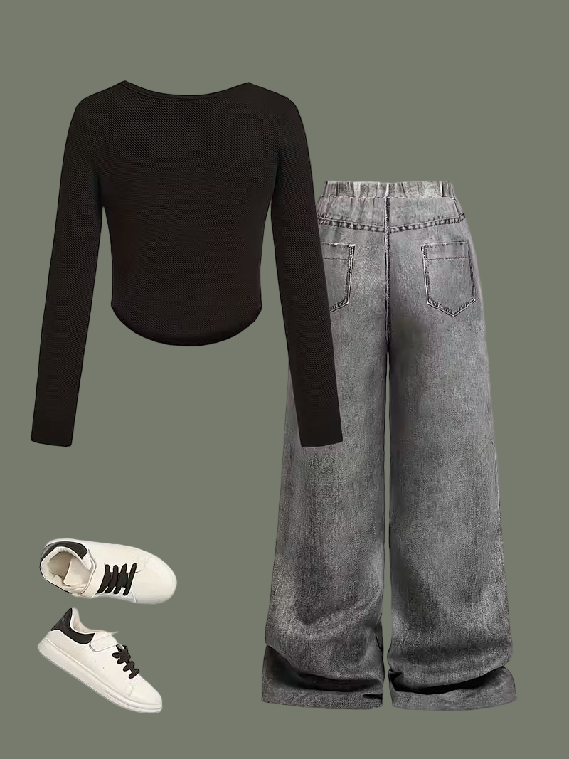 Hello Kitty Imitation Denim Straight Pants Two-Piece Set Size: 13-14