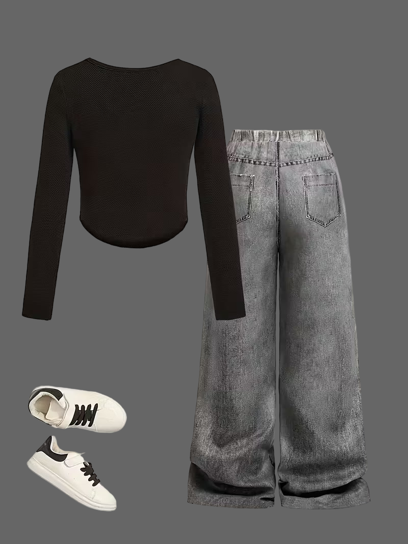 Hello Kitty Imitation Denim Straight Pants Two-Piece Set Size: 7-8