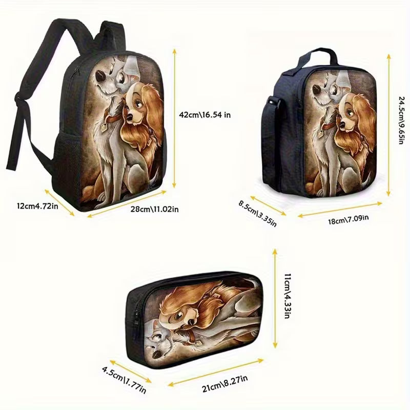 Lady And The Tramp Backpacks 3 Piece Set Bookbag with Lunch Bag And Pencil Case