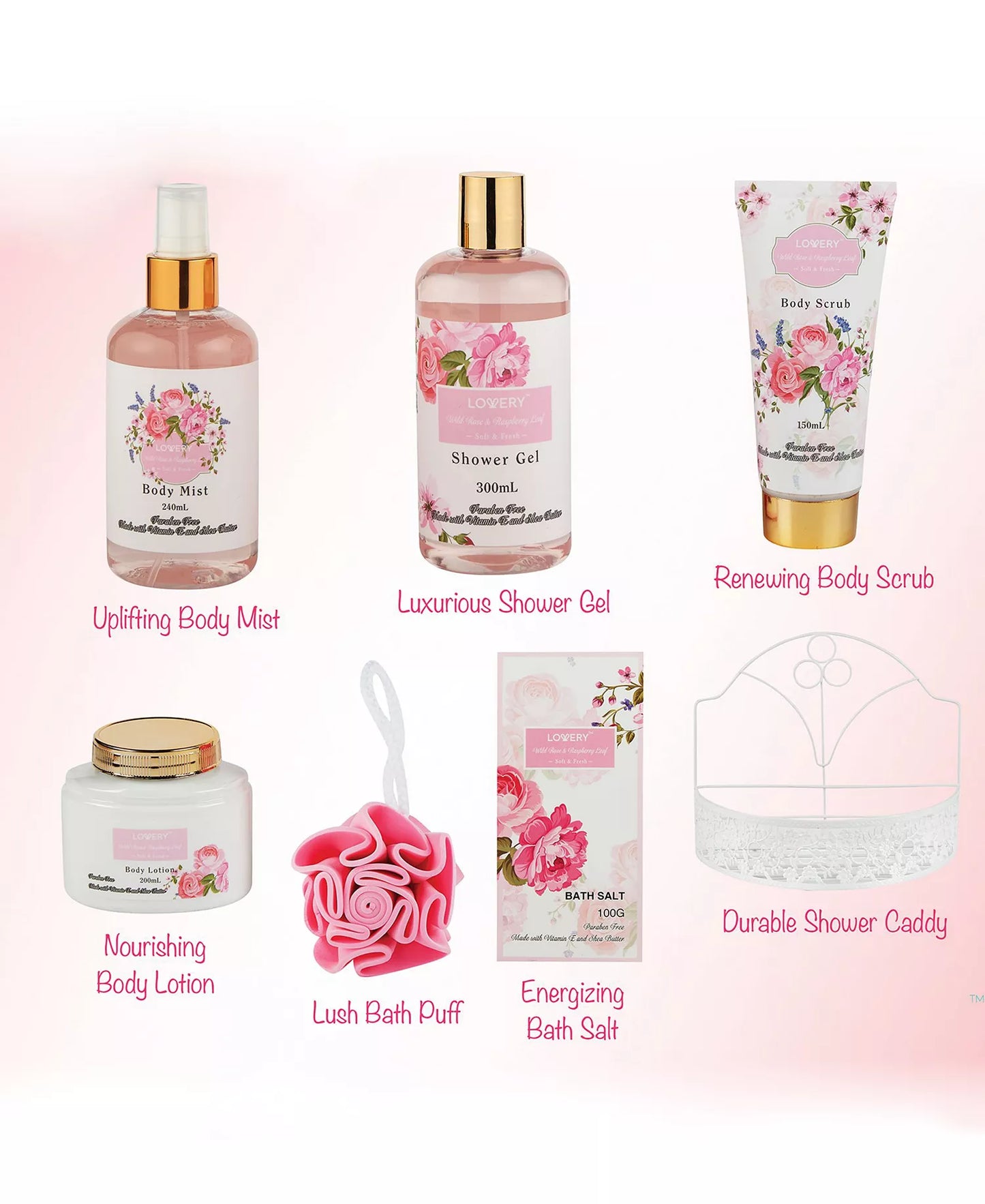 Lovery Wild Rose and Raspberry Body Care 7 Piece Gift Set