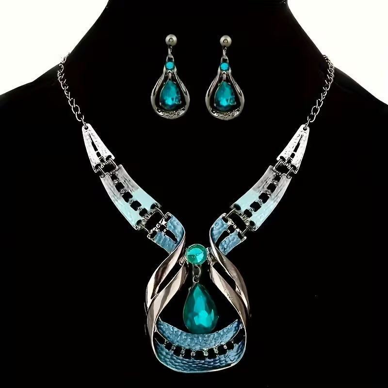 Women Fashion Drop Gem Necklace Earrings Set
