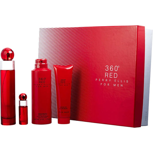 Perry Ellis 360 Red by Perry Ellis Gift Set - 3.4 oz Eau De Toilette Spray + .25 oz Mini EDT Spray + 3 oz Shower Gel in Tube Box for Men