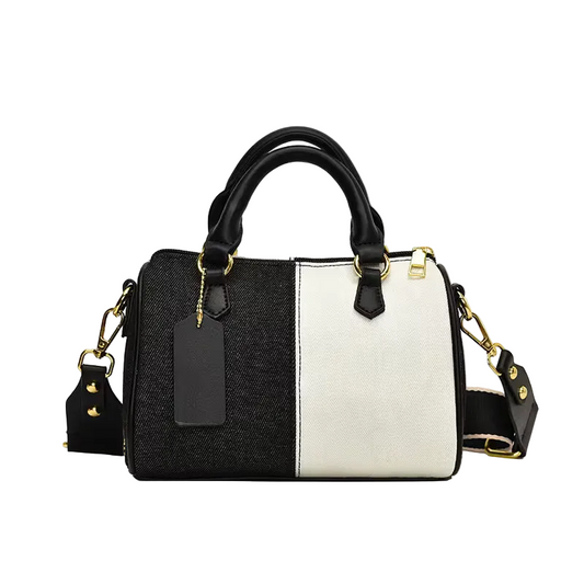 Small square bag features a two-tone retro style