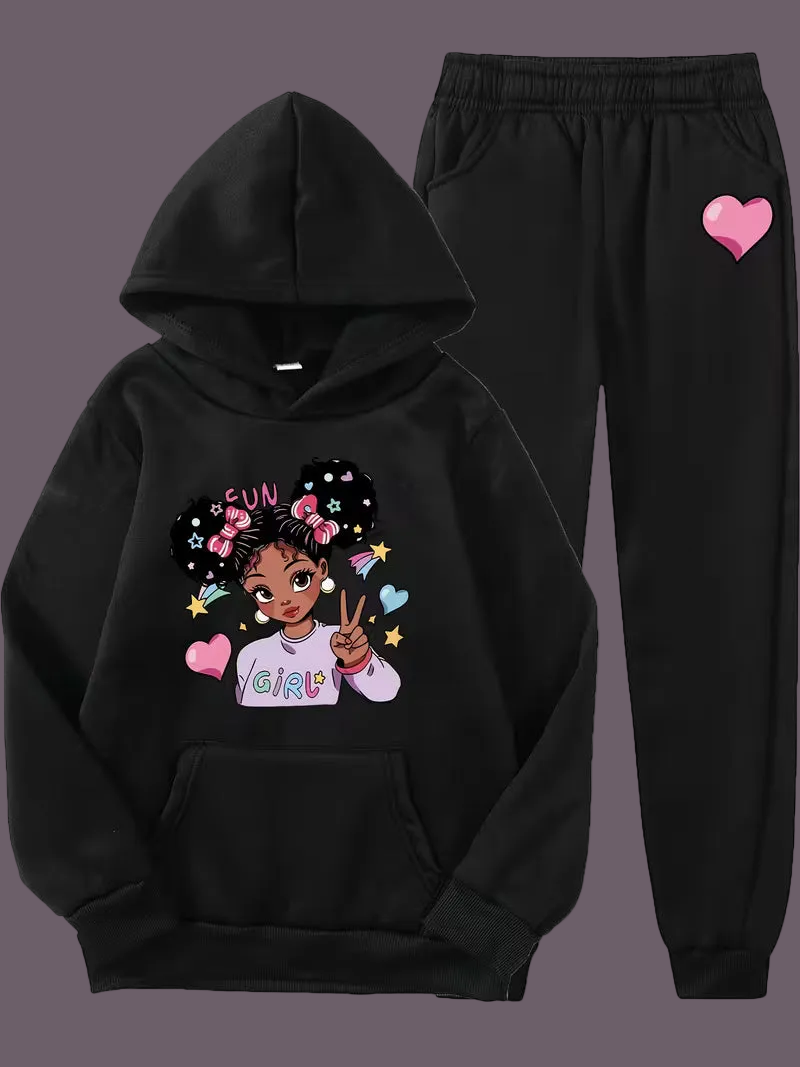 Fashion Cartoon Girl Pattern Print Autumn and Winter Long Pants Set ( 7-8 )