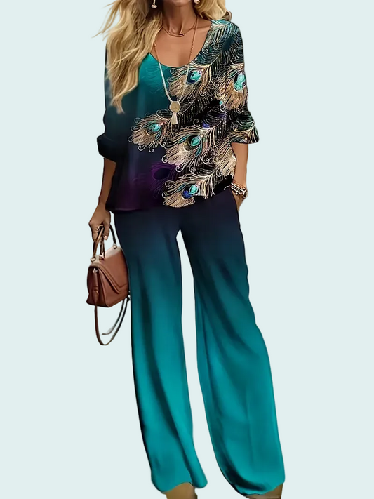 Fashionable Round Neck Long Sleeve Top and Trouser Set ( Size: M )