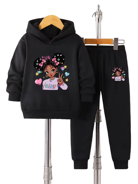 Girls' Comfortable and Fashionable Hooded Sweatshirt and Pants Set
