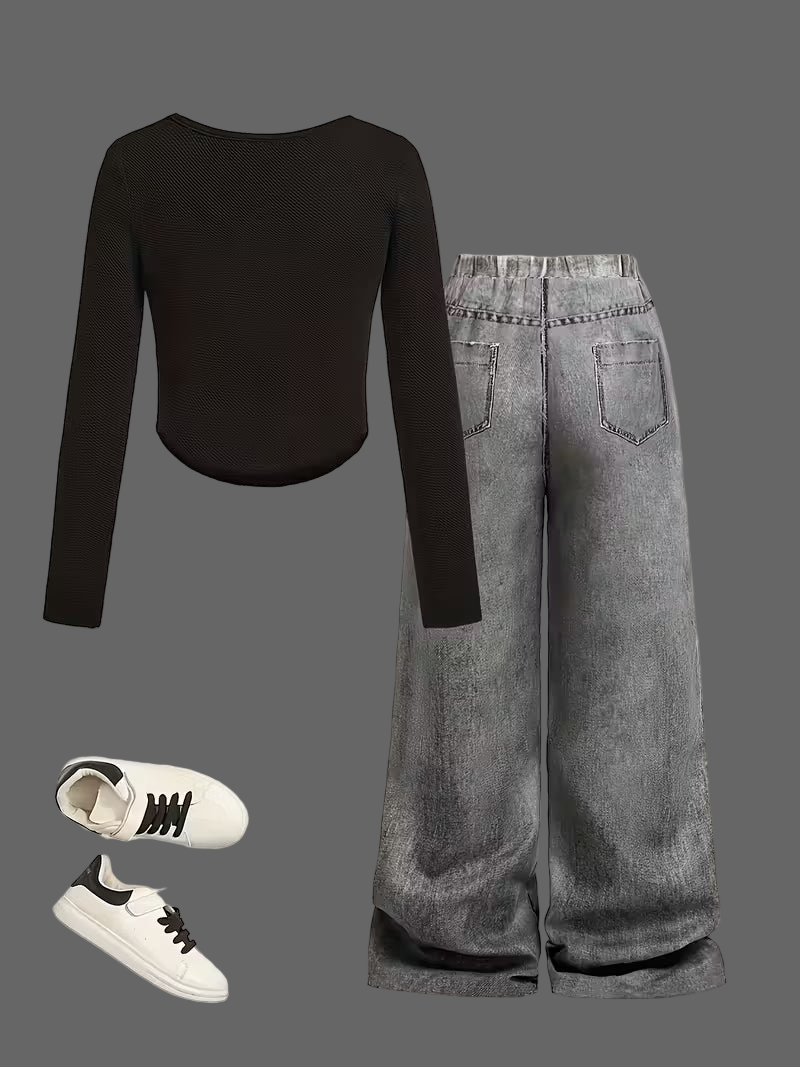 Hello Kitty Imitation Denim Straight Pants Two-Piece Set  Size: 5-6