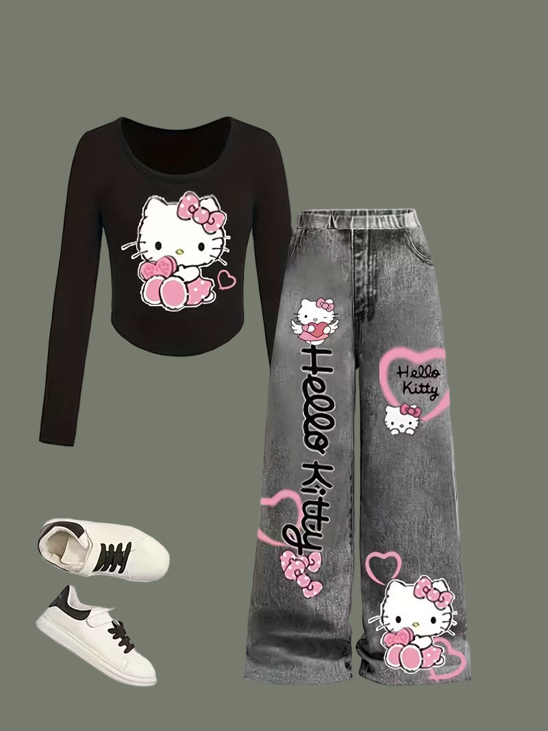 Hello Kitty Imitation Denim Straight Pants Two-Piece Set Size: 9-10