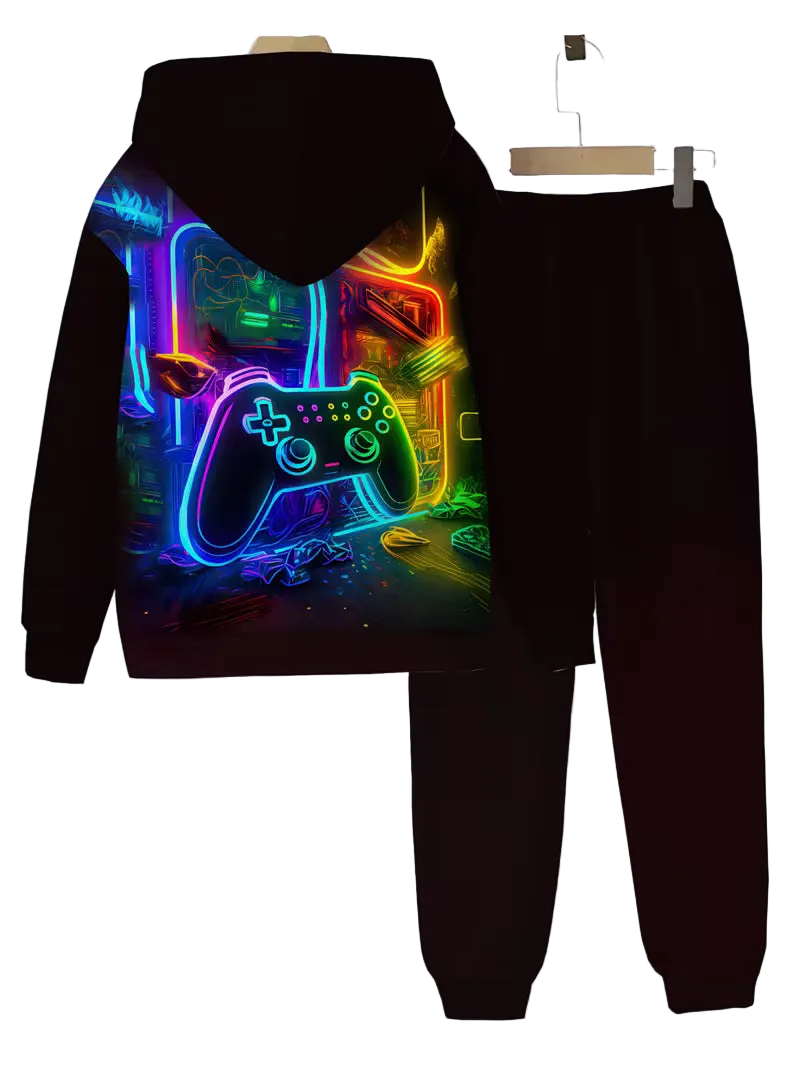 Hoodie outfit featuring a colorful 3D game controller print ( Size: 5-6 )