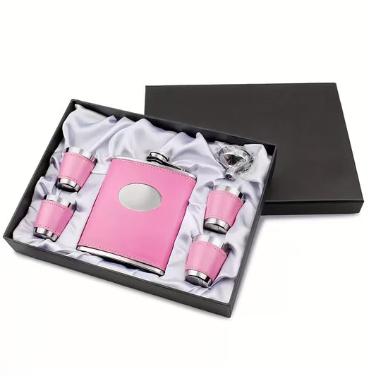6 oz. Pink Whiskey Bottle Set with Leather Case