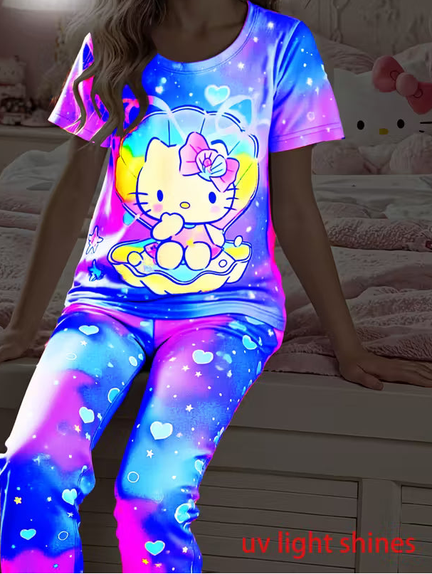 Hello Kitty Flame-Retardant Girls' Night Light Print Short-Sleeve Pajama Set Size: 7-8