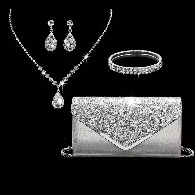Fashionable Dress Accessories Set: Dress bag, Rhinestone Necklace, and Earrings (4 pieces)