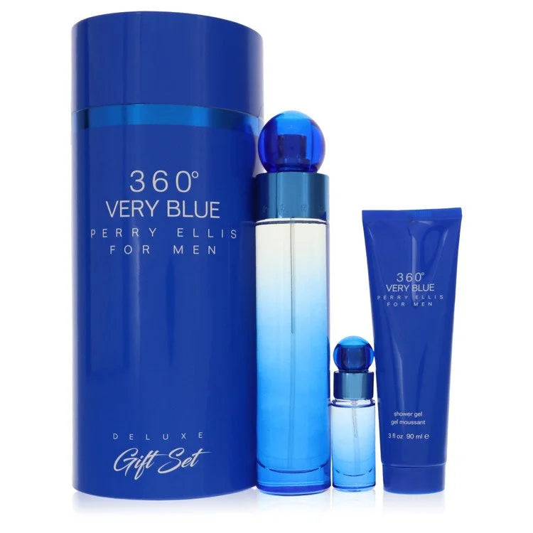 Perry Ellis 360 Very Blue by Perry Ellis Gift Set - 3.4 oz Eau De Toilette Spray + .25 oz Mini EDT Spray + 3 oz Shower Gel for Men