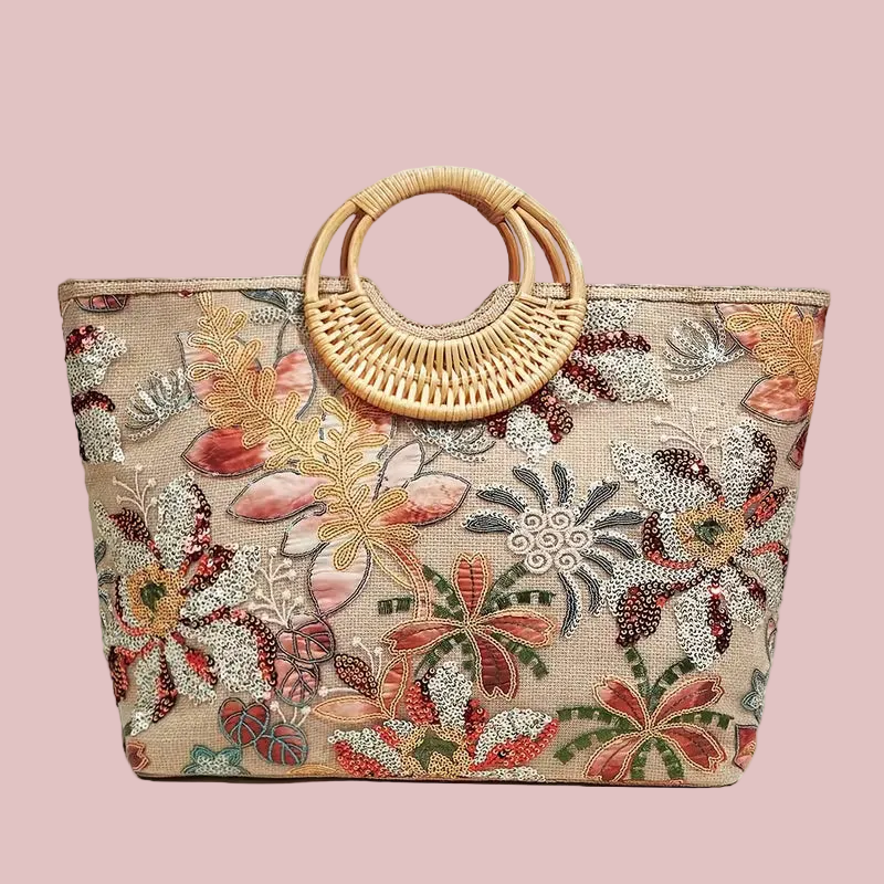 Embroidered Floral Tote Bag with Beaded Accents and a Woven Handle