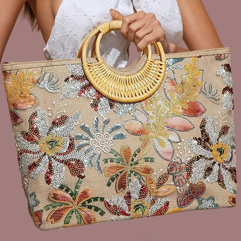 Embroidered Floral Tote Bag with Beaded Accents and a Woven Handle