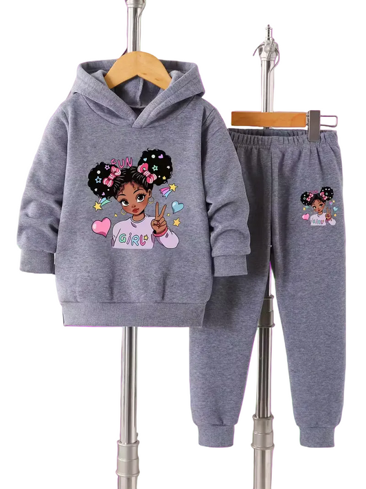 Girls' Fashionable Comfortable Hooded Sweatshirt and Pants Set  Set