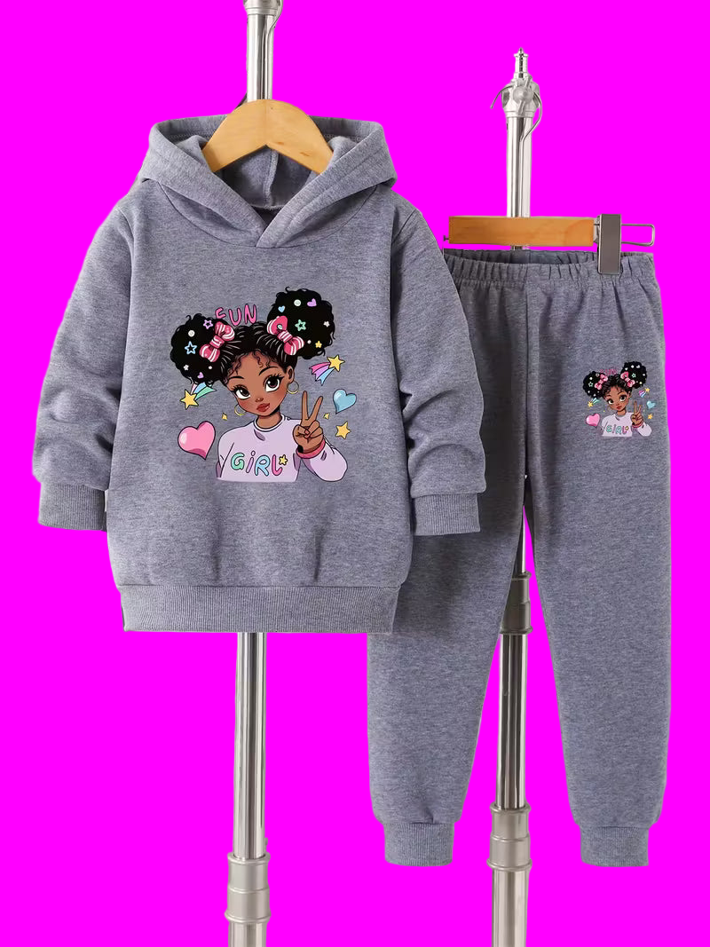 Girls' Fashionable Comfortable Hooded Sweatshirt and Pants Set  Set: 9-10