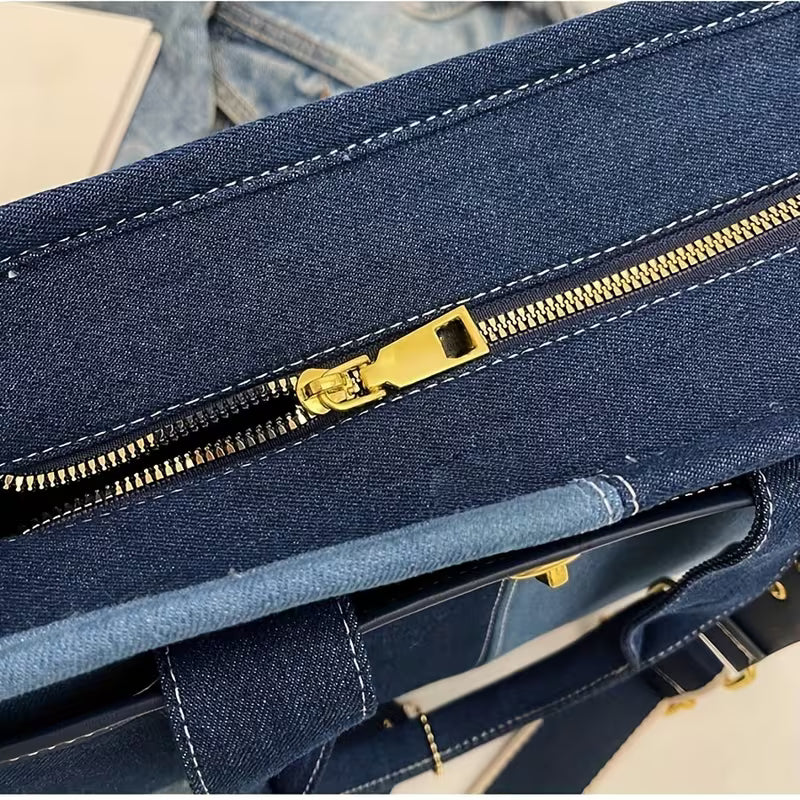 Block Double Denim Handle Handbag